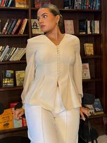 Bethéva Elegant Solid Color Waist Cinching Shirt, Autumn New Arrival Winter ,Fall,Fall Clothes For Women Casual Spring - Apricot - View 6