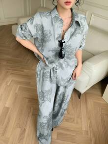 女士印花长袖衬衫和长裤休闲两件套家居服套装 - 藍色 - 查看 3