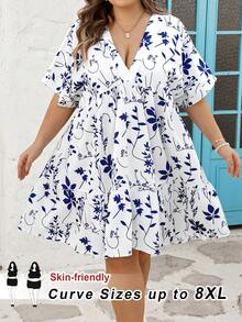 SHEIN CURVE+ 尺码 US22 适合音乐节、海滨度假、波西米亚风的女士条纹V领蝙蝠袖短袖荷叶边下摆休闲连衣裙，秋季女装，冬季，CURVE PLUS - 白色 - 查看 2