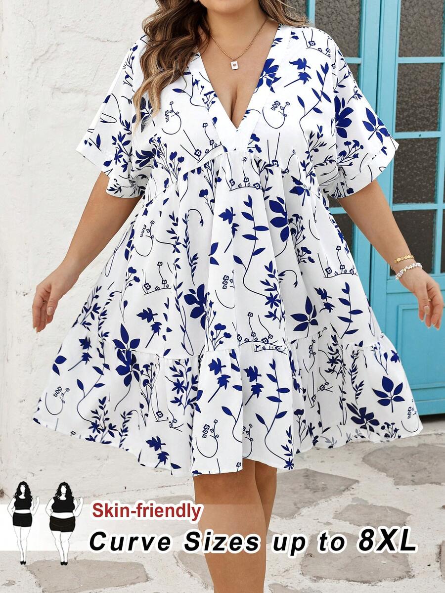 SHEIN CURVE+ 尺码 US22 适合音乐节、海滨度假、波西米亚风的女士条纹V领蝙蝠袖短袖荷叶边下摆休闲连衣裙，秋季女装，冬季，CURVE PLUS