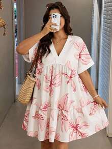 Lounesse 大码女式休闲碎花短袖宽松连衣裙沙滩裙女式罩衫度假装女式罩衫度假装女式度假连衣裙大码女式夏季服装女式节日服装女式夏季服装女式乡村风格服装 - 彩色 - 查看 7