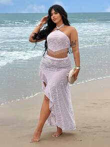 Rustia Conjunto de 2 piezas con top corto de tirantes finos y falda con bajo asimétrico, en estampado de leopardo con efecto aterciopelado, adecuado para fiestas y vacaciones - Rosa - Ver 7