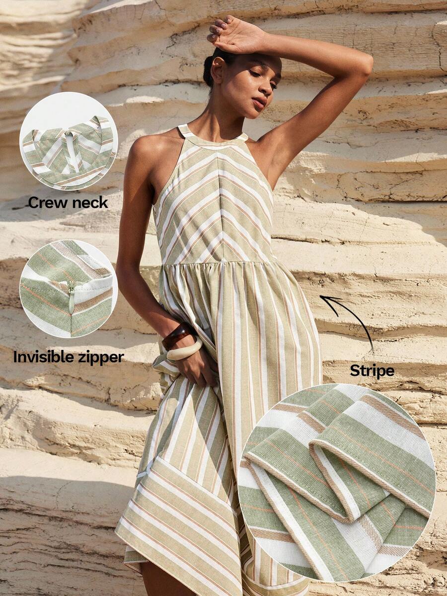 Maija Vestido casual de mujer con estampado de rayas y cuello halter para vacaciones - Multicolor - Ver 1
