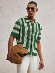 AKNOTIC Party Men's Fitted Turndown Collar Short Sleeve Casual Knit Cardigan, Suitable For Daily Wear - Olive Green - View 4