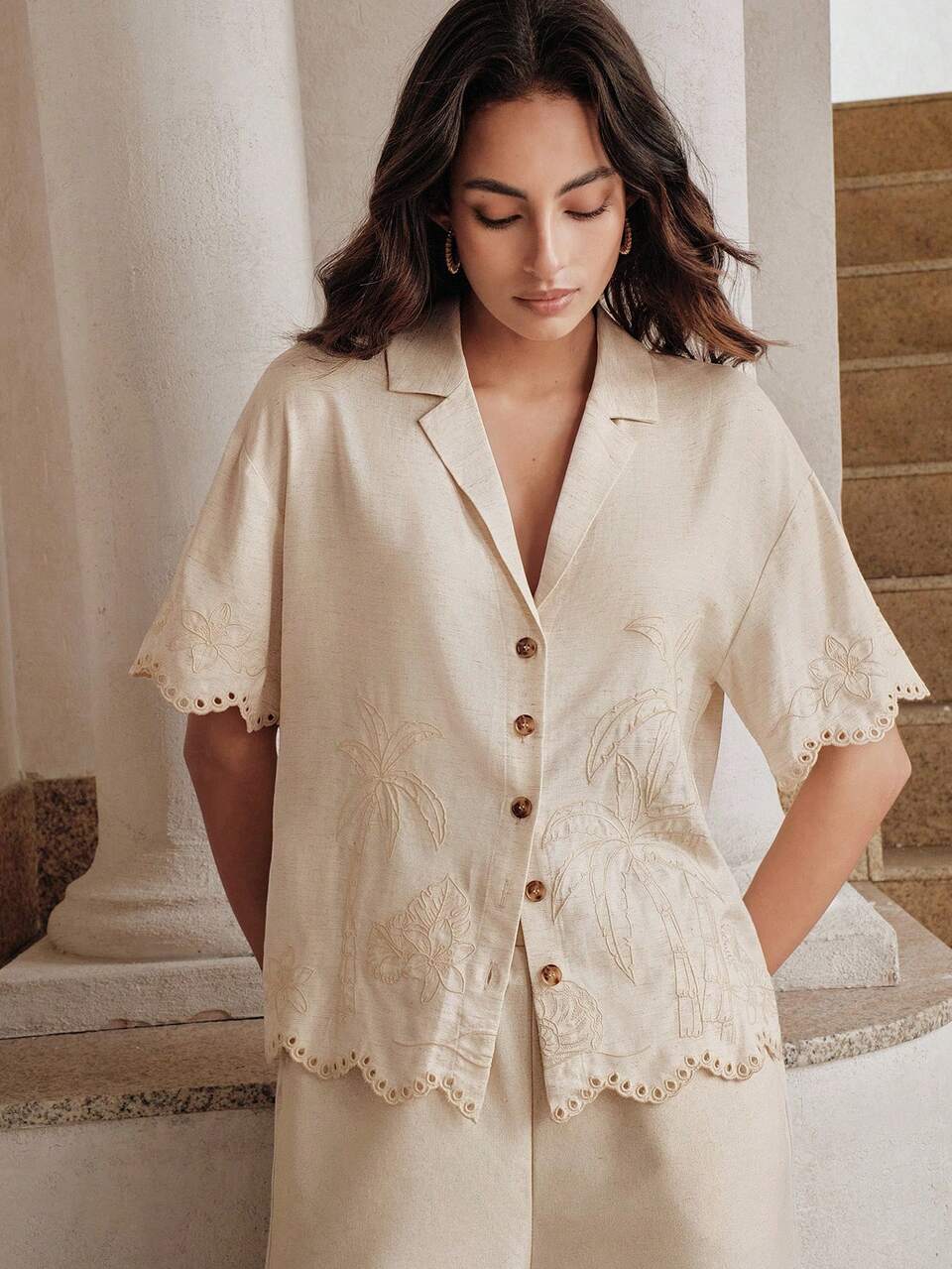 Anewsta Women's Spring/Summer Embroidered Short Sleeve Linen Blouse Vacation White Tropical