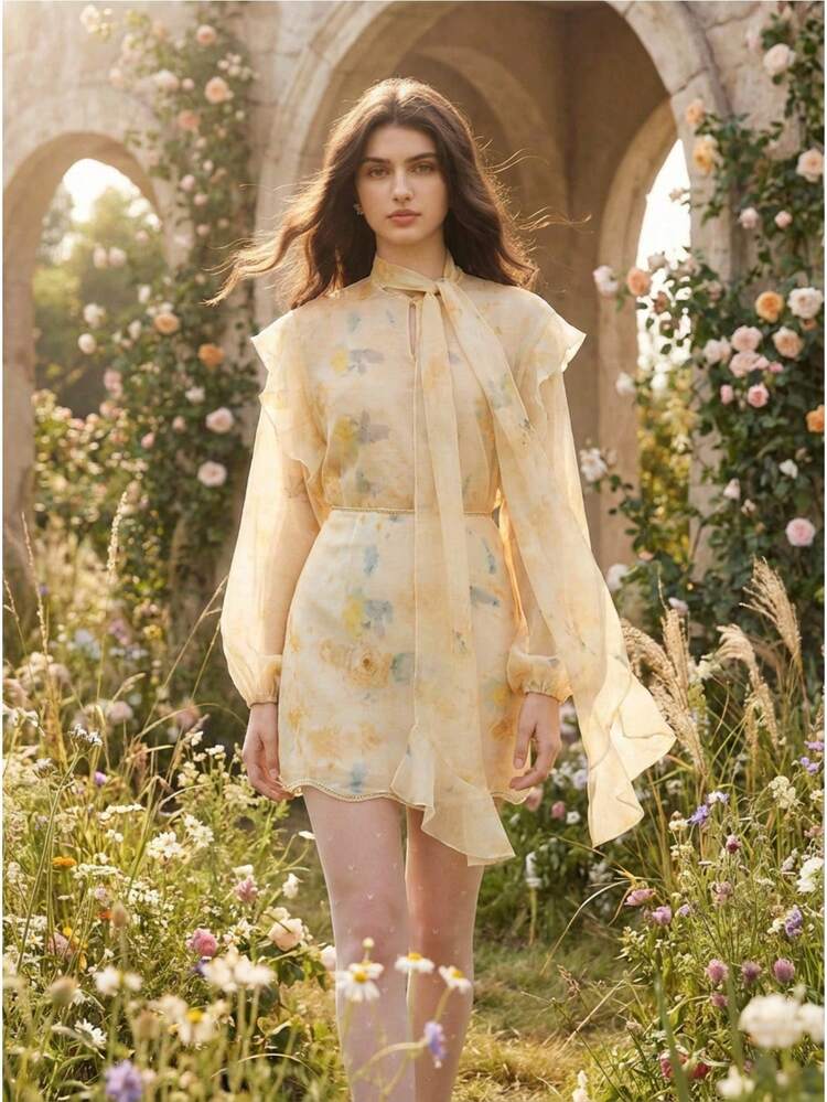 Spring & Autumn New Vacation Style Vintage Ditsy Floral Scarf Collar Tie Bow Long Sleeve Sheer Front Open Blouse For Women