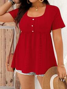 EMERY ROSE 大码女式短袖休闲T恤，带纽扣设计 - 紅色 - 查看 6