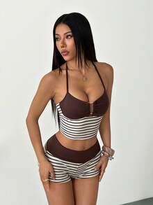 SHEIN PETITE Bộ đồ 2 món dành cho nữ: áo hai dây ngắn kẻ sọc và quần short. - Nhiều màu - Xem 7