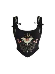 ROMWE Gothic Dark Moth Embroidery Palace Style Square Neck Tight Vest - Black - View 1