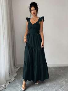 SHEIN Elenzya Women's Solid Color Long Dress, Elastic Waist Patchwork Slimming Long Skirt, Fashionable Elegant Daily Commute, Dinner Date Versatile Style, Spring/Summer - Dark Green - View 7