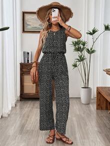 SHEIN Holidaya Spring/Summer Vacation Round Neck Sleeveless Elastic Waist Ditsy Floral Jumpsuit - Black - View 6