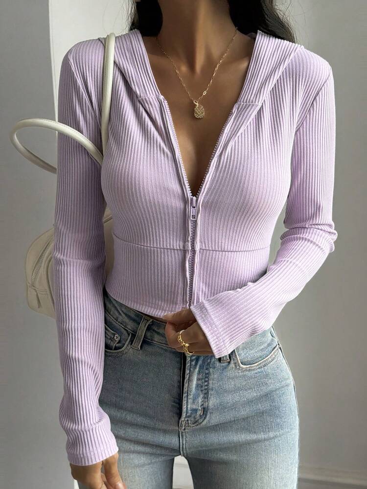Women's Purple Hooded Long Sleeve Fitted Cropped Cardigan Casual T-Shirt