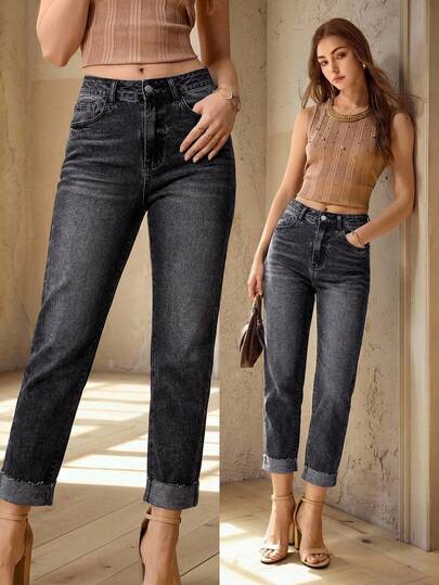 Selenza Jeans di jeans casual da donna per uso quotidiano e pendolarismo, vita alta, aderenti, con risvolti, a vita alta e vita corta