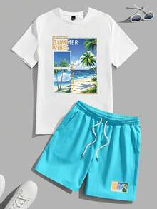 VIVINTIMO Conjunto de camiseta y pantalón corto de talla estándar para hombre, color blanco y azul, para vacaciones - Multicolor - Ver 2