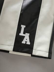ROMWE MEN Men's Striped PU Leather Patchwork Shorts, Spring/Summer - Black and White - View 2