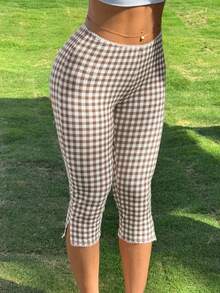 SHEIN EZwear Quần legging thun kẻ caro màu nâu cà phê cho nữ - Cà phê nâu - Xem 3