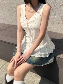 FRIFUL 女士波点印花荷叶边下摆前系带吊带衫 - 米色 - 查看 4