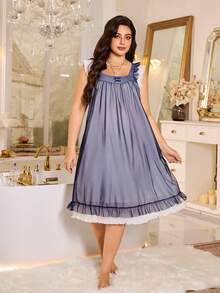 MuseNap CURVE Plus Size Sweet Mesh Patchwork Pleated Fabric Bow Nightgown - Navy Blue - View 5