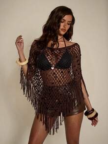 SHEIN BAE Sexy Hollow-Out Versatile Slimming Beaded Tassel Shawl, Suitable For Beach Vacation - Coffee Brown - View 4