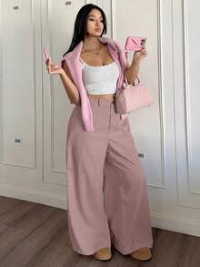 SHEIN PETITE CURVE Solid Color Casual Loose Comfortable Pants - Pink - View 4