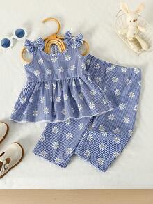 SHEIN Baby Girl Plaid & Floral Print Ruffle Bow Decor Top And Pants Casual Daily Outfit Set - Blue - View 1
