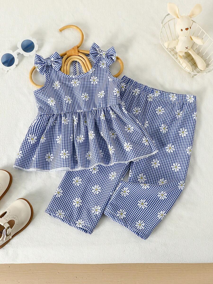 SHEIN Baby Girl Plaid & Floral Print Ruffle Bow Decor Top And Pants Casual Daily Outfit Set - Blue - View 1