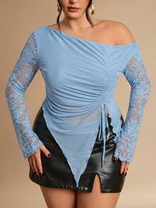 SHEIN BAE ملابس علوية نسائية كبيرة الحجم من الشبك مع فيونكة، أنيقة لحفلات الصيف والعطلات، مناسبة لعيد الحب وعيد الميلاد - أزرق فاتح اللون - مشاهدة 7