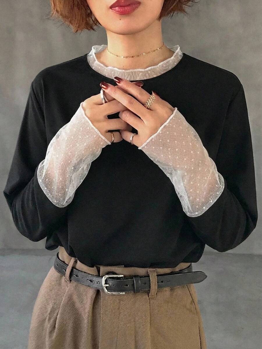 FRIFUL 纯色拼接薄纱波点网眼宽松休闲百搭T恤 - 黑色 - 查看 1