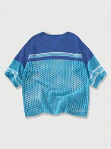 ROMWE MEN Men's Contrast Color Hollow Number Patch Short Sleeve Jersey Knit Top - Blue - View 2