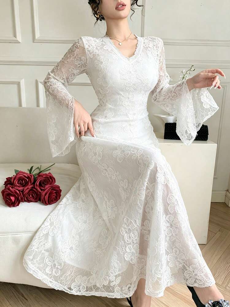 Spring/Summer Lace Long Sleeve Midi Dress, Elegant For Valentine's Day, Wedding, Party, Formal Occasion, Commute