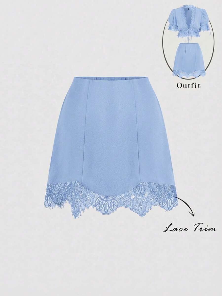 SHEIN MOD 女款純色蕾絲飾邊優雅百搭裙,夏季 - 藍色 - 查看 1