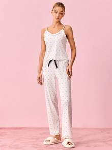 Bonmuse 荷叶边圆点印花吊带背心和长裤睡衣套装 - 彩色 - 查看 5