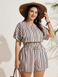 SHEIN LUNE 大码度假休闲条纹蝙蝠袖上衣和短裤两件套 夏季商务休闲 - 彩色 - 查看 4