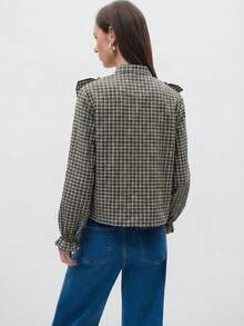 Nöista Green Plaid Autumn Cottage Core Brunch Blouse With Ruffle Trim,Button-Front Design,Long-Sleeve,Relaxed Feminine Silhouette,Spring Casual Y2K Outfit - Army Green - View 2