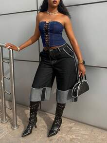 StreetHx Áo corset denim buộc dây, khoét lỗ, phong cách đường phố thường ngày, gợi cảm. - Rửa trung bình - Xem 4