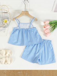 SHEIN 两件套女童夏季新款蓝白条纹吊带背心（饰有花卉刺绣）和米色腰带短裤套装，适合日常外出、亲子活动、郊游、海滩、返校季等场合。 - 藍色 - 查看 2