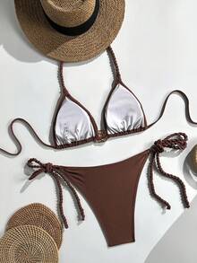 Swim Vcay Bộ bikini buộc dây cổ gợi cảm dành cho nữ, đồ bơi đi biển thanh lịch, thích hợp cho mùa xuân/hè. - màu nâu - Xem 2