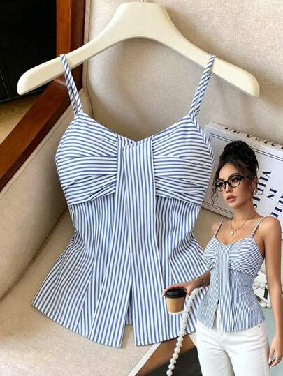 Elenzga Áo camisole nữ thời trang thường ngày mùa Xuân/Hè mới, phong cách vintage Mỹ thanh lịch, chất liệu vải lanh màu xanh nhạt, thiết kế xếp ly xẻ tà, thắt eo dáng chữ A, thích hợp mặc hàng ngày hoặc đi nghỉ mát, độc đáo và đáng yêu.