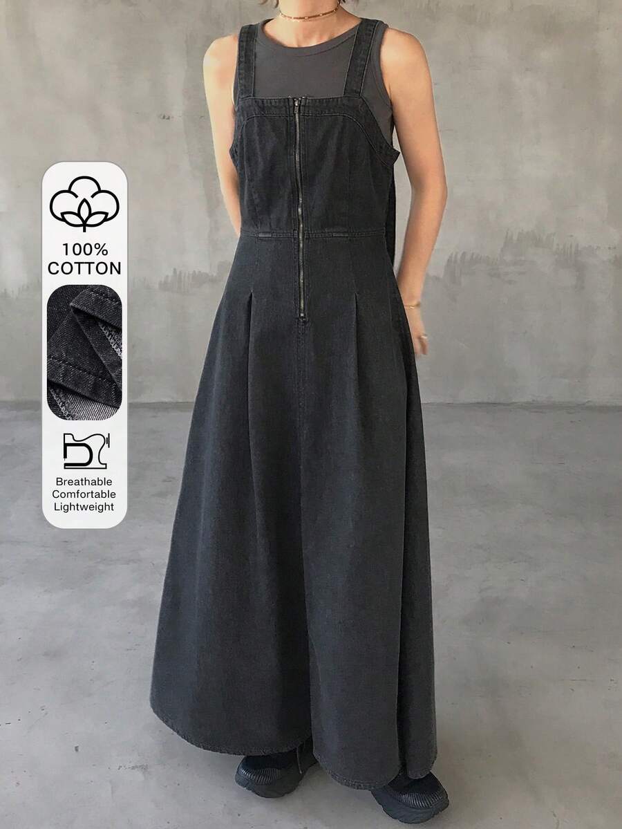 FRIFUL 女士纯色简约无袖牛仔连衣裙,休闲日常穿着 - 藍色 - 查看 1