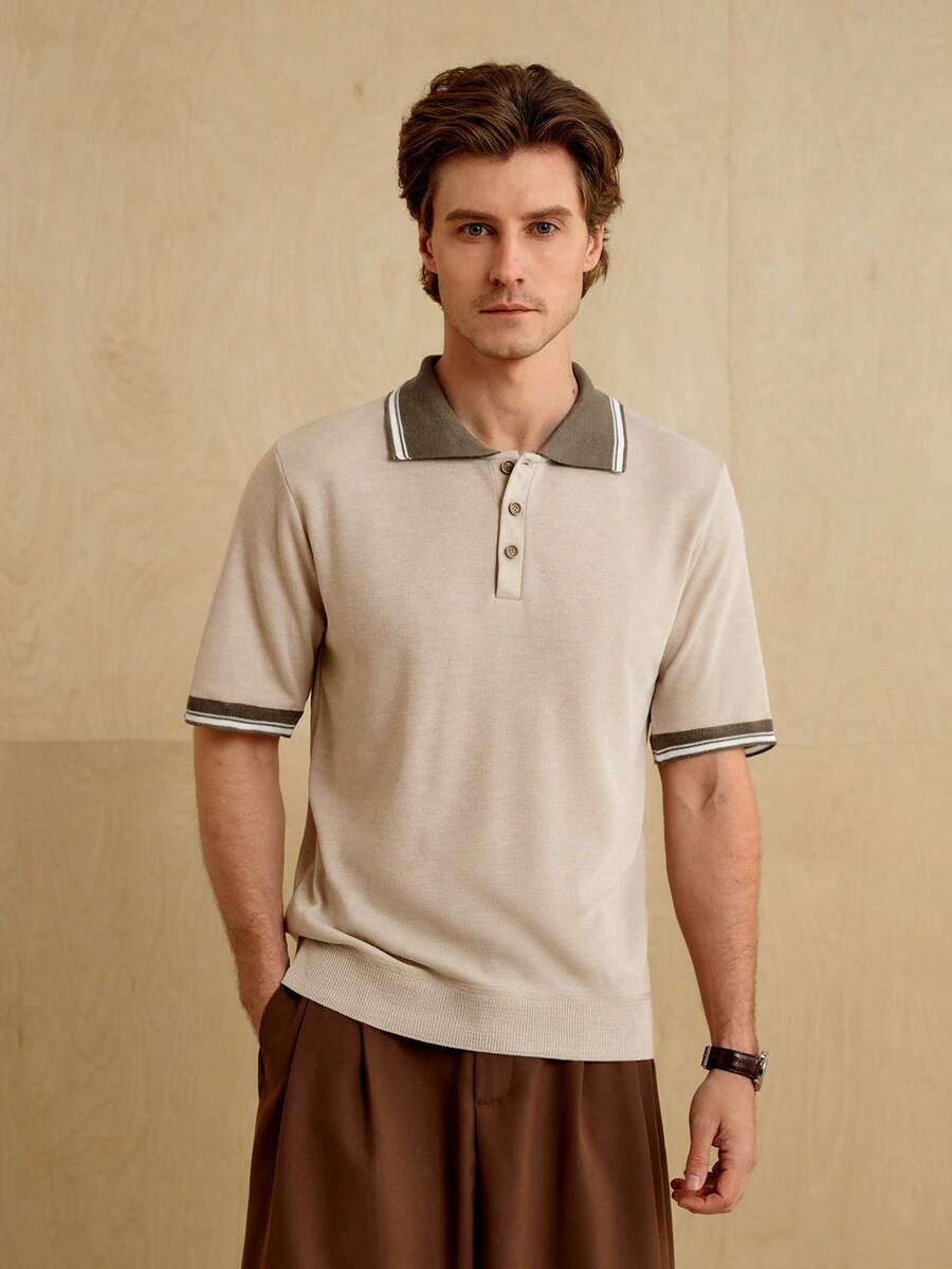 Manfinity Homme 男式休闲拼色短袖针织毛衣 - 米色 - 查看 1