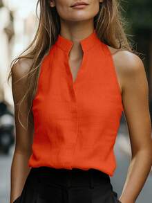 EMERY ROSE Women's Sleeveless Mandarin Collar Linen-Like Tank Top, Versatile Commuter Slim-Fit Top - Orange - View 3