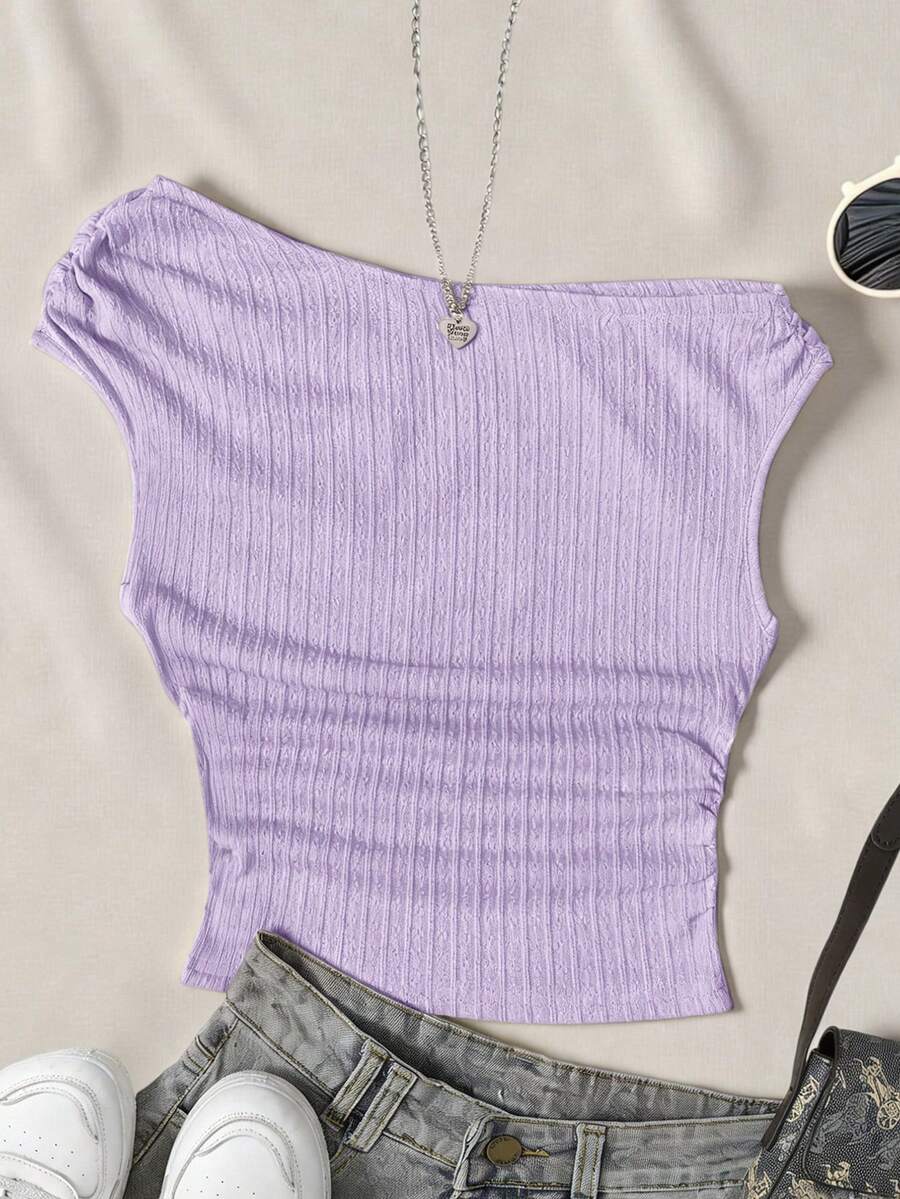 SHEIN Teen Girl Splice Casual Asymmetric Shoulder Textured Fabric Camisole - Purple - View 1