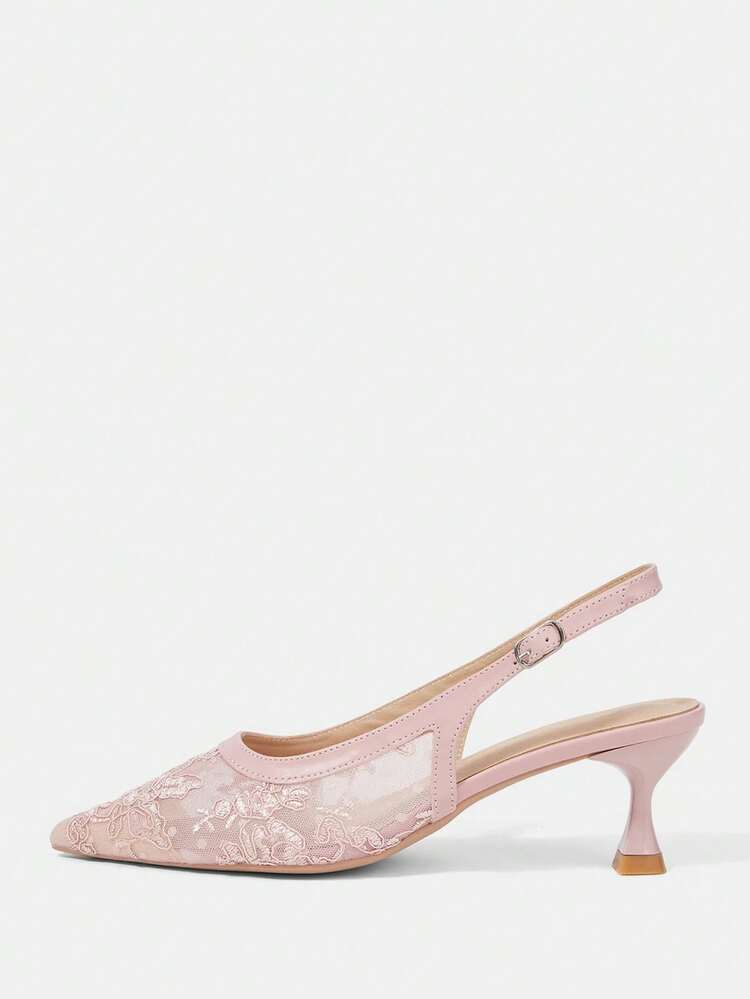 CUCCOO HITCHD Women Shoes New Naked Pink Lace Slingback Shoes Women's Pointed Thin Heel Temperament High Heels