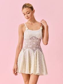 Bonmuse Knitted Jacquard & Lace Patchwork  Women's Pajama Night Dress - Apricot - View 4