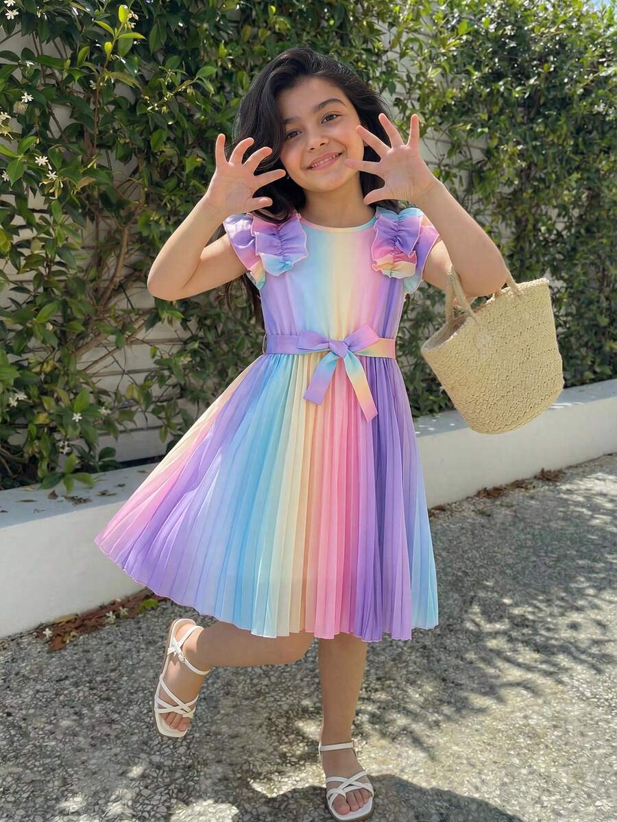 一件少女优雅彩虹数码印花连衣裙，荷叶边下摆，泡泡袖，腰间系带，适合日常穿着、派对、宴会、休闲度假等场合。 - 淺藍色 - 查看 1