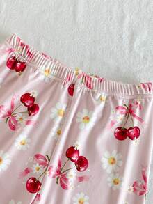 SHEIN 2pcs/Set Tween Girls Cute Pink Floral Cherry Blossom Ribbon Bow Print Short Sleeve Top And Contrast Pants Snug Fit Summer Sleep Casual Outfit - Pink - View 6
