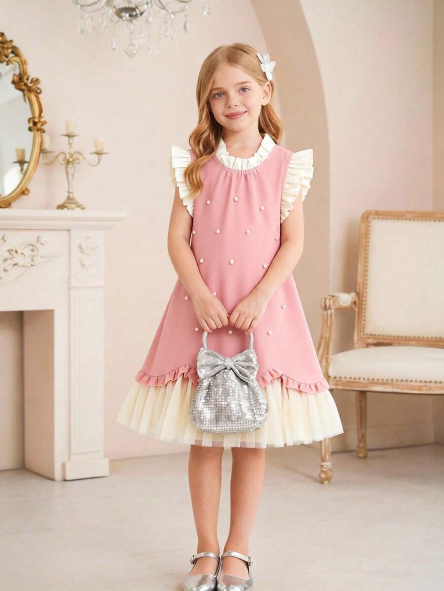SHEIN Gaun Kasual Anak Perempuan Motif Blok Warna Pink & Aprikot dengan Hiasan Mutiara Jala, Cocok untuk Pemakaian Sehari-hari & Bepergian - Berwarna merah muda - View 1