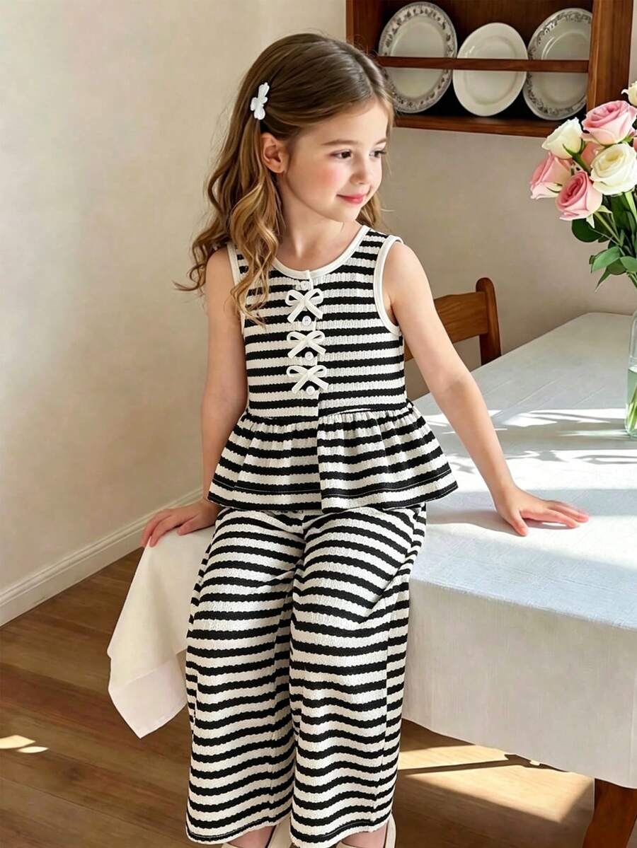 2pcs/Set Young Girl'Striped Single-Breasted Bow Ruffle Hem Camisole Shirt And Pants,Minimalist Outfit For Summer,Back-To-School,School - Black and White - View 1