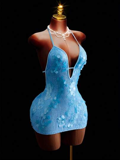 Mistrie Vestido de mujer de unicolor con cuello en V profundo y lentejuelas sexy
