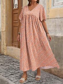 EMERY ROSE Đầm babydoll tay ngắn cổ chữ V họa tiết hoa nhí dáng rộng, cỡ lớn dành cho nữ, thích hợp cho kỳ nghỉ hoặc làm giáo viên. - Màu Hồng  San hô - Xem 5